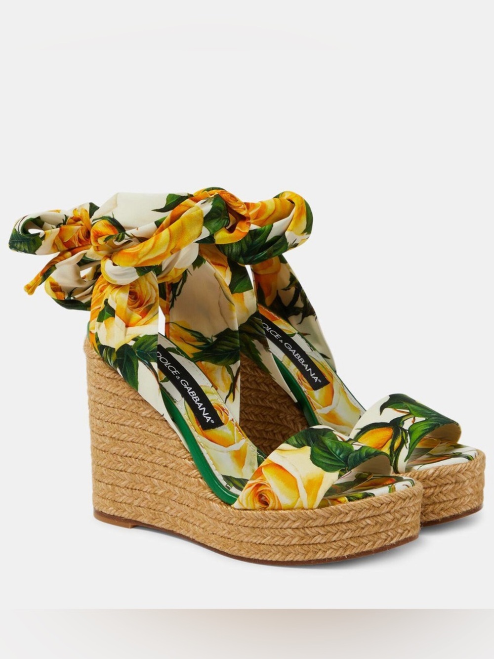 Dolce & Gabbana Yellow Rose Print Espadrille Wedge Sandals
